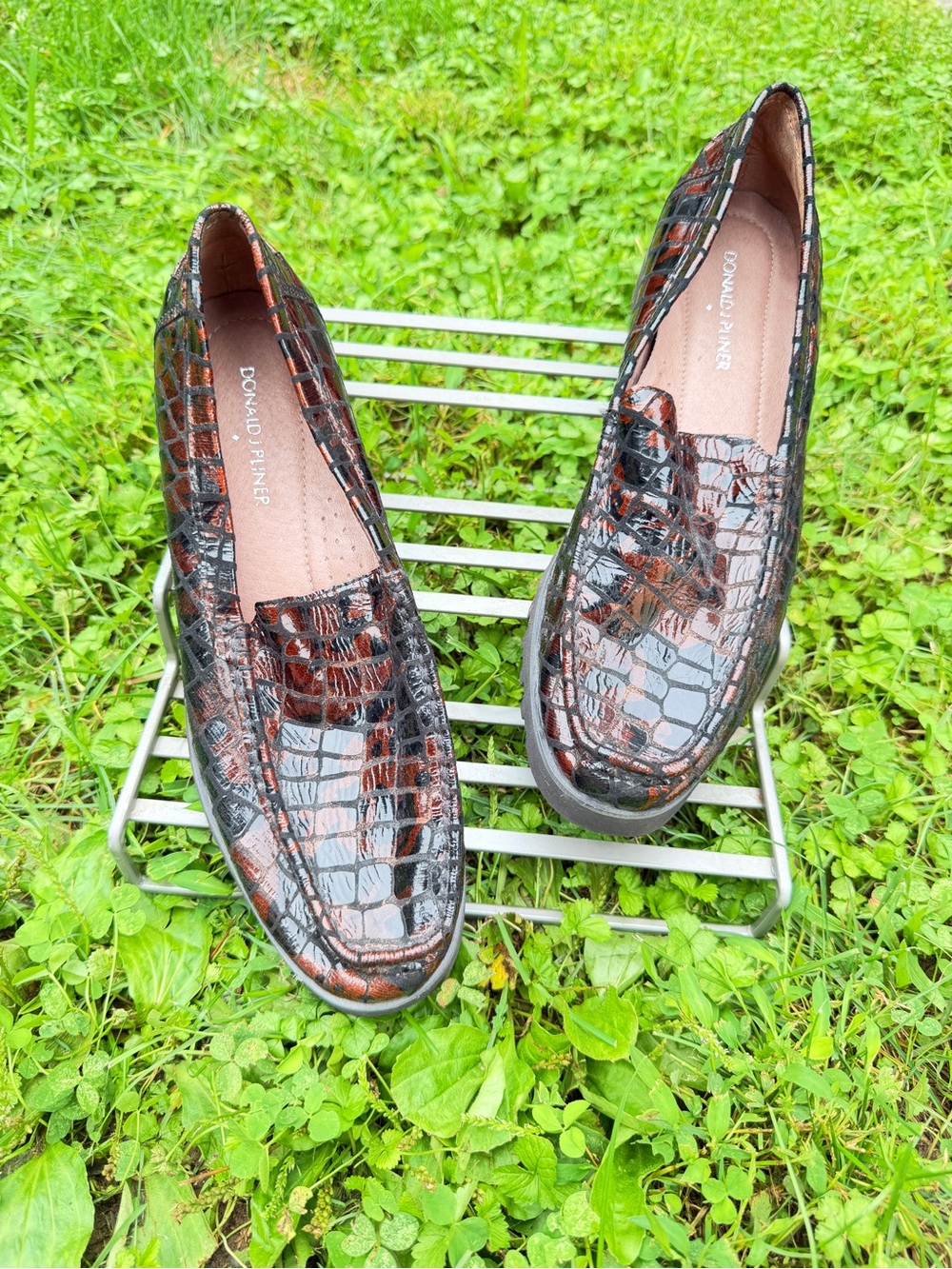 Donald J. Pliner Patent Croc-Embossed Loafers in Brown and Black